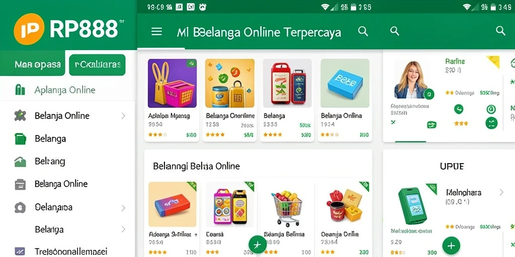 Antarmuka intuitif dari aplikasi RP888 untuk belanja online.